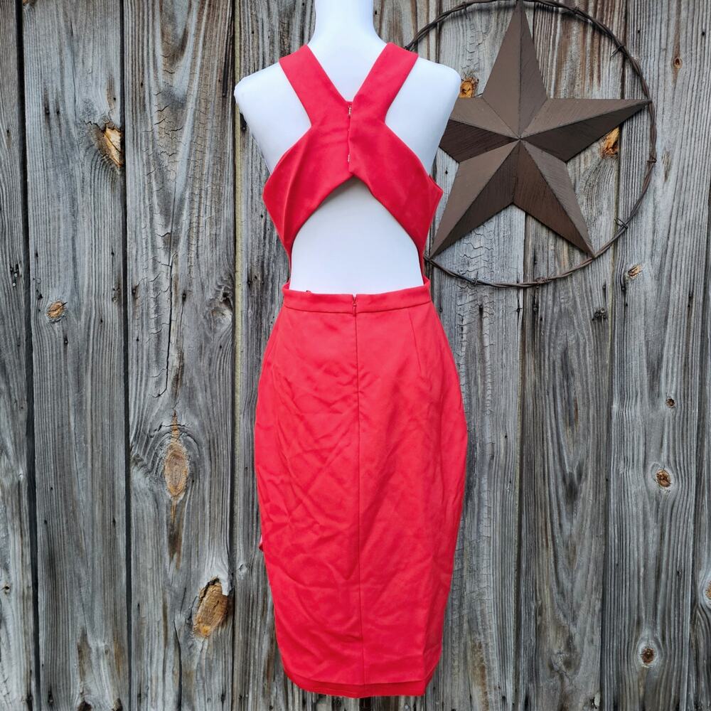 Cut Out Halter Dress BCBGMaxAzria Maryssa Size 10 Red/Orange Pink Stretch Ruffle